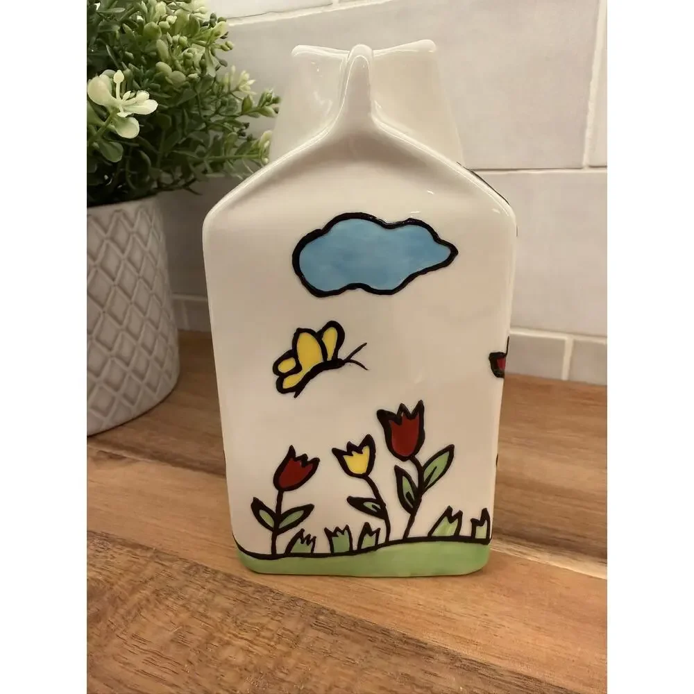 VTG Ganz Ceramic Milk Creamer Carton with Spout Drawn Cows and Flowers - Picture 3 of 9